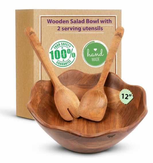 Melvvi Large Wooden Salad Bowl Set with 2 Small Bowls and 2 Serving Utensils | 12" & 6" Acacia Wood Bowls for Food | Great Gift for Kitchen & Dining (Natural Set of 5) (Natural Set of 3)