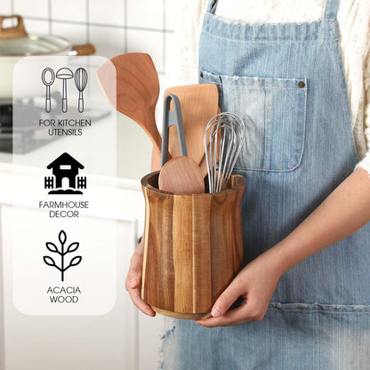 Teenyyou 2 Pcs Wooden Utensil Holder 360° Rotating Kitchen Utensil Holder 7.3" and 5.7" Large Cooking Tool Organizer Crock for Kitchen Countertop Farmhouse Home Decoration