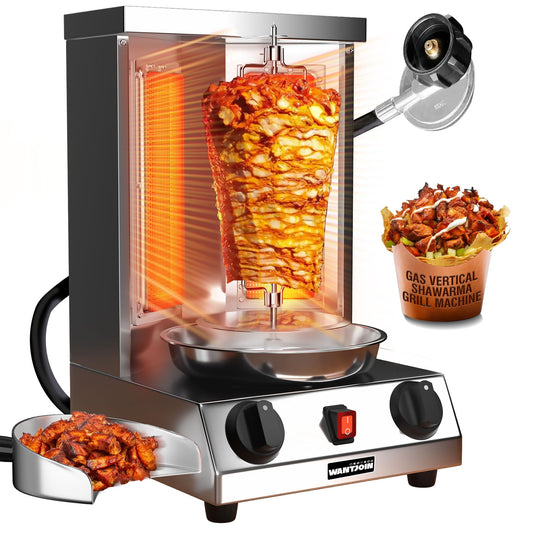 WantJoin Shawarma Grill Machine, 17 lbs Capacity, Gas Vertical Rotisserie with 2 Burners for Home, Countertop Rotating Doner Kebab Oven Broiler Gyro Maker with Shovel, 110V