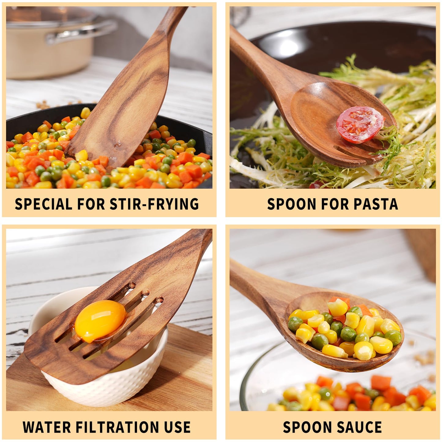 WOSPONFAN Wooden Cooking Utensils Set, 9 PCS Teak Wood Spoons, Spatula, Slotted Spoon, Handmade Modern Kitchen Utensils