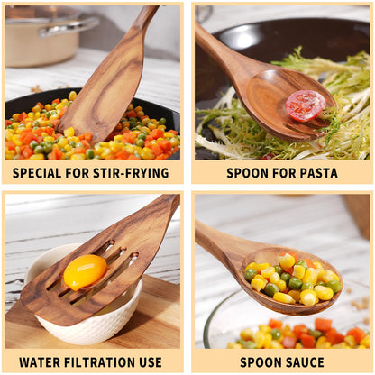 WOSPONFAN Wooden Cooking Utensils Set, 9 PCS Teak Wood Spoons, Spatula, Slotted Spoon, Handmade Modern Kitchen Utensils