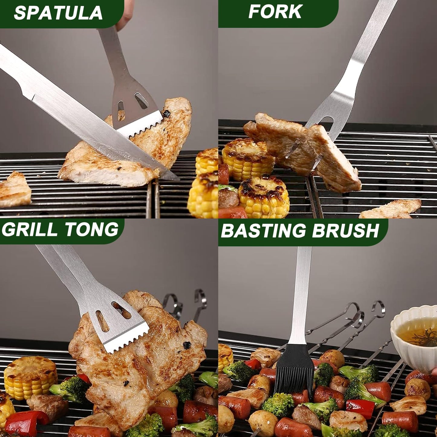 YJHOLE Grill Tools for Outdoor Grill - 7PCS BBQ Tools Grill Utensils with Grill Tong, Fork, Spatula, Basting Brush, Grill Cleaning Brush, Sharp Steak Knife, BBQ Tool Set Grilling Tool Kit