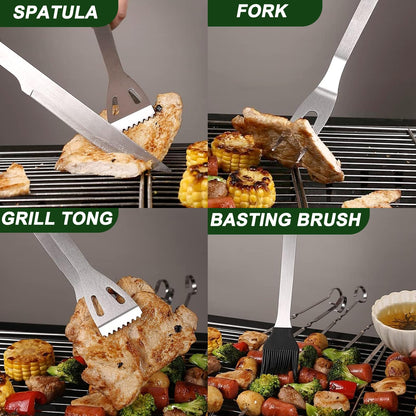 YJHOLE Grill Tools for Outdoor Grill - 7PCS BBQ Tools Grill Utensils with Grill Tong, Fork, Spatula, Basting Brush, Grill Cleaning Brush, Sharp Steak Knife, BBQ Tool Set Grilling Tool Kit