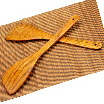 Wooden Spatula for Cooking - 12 Inch Premium Utensils Long Handled, Kitchen Spurtle Set Ideal for Pan and Wok - Wood Turner, Corner Spatula, Spoons, Scraper, Frying Pack of 2