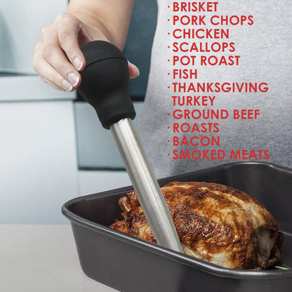 Best Utensils Stainless Steel Turkey Baster Commercial Grade Quality Rubber Bulb Including 2 Marinade Injector Needles And Silicone Basting Brush