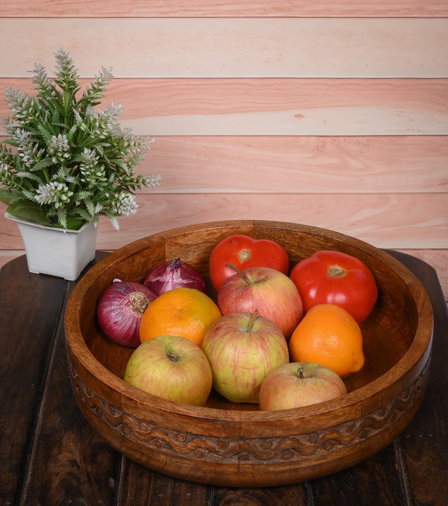 EDHAS Mango Wood Decorative Round Carved Bowl for Decoration, Centerpiece Bowl for Table (10" x 10" x 2.5")