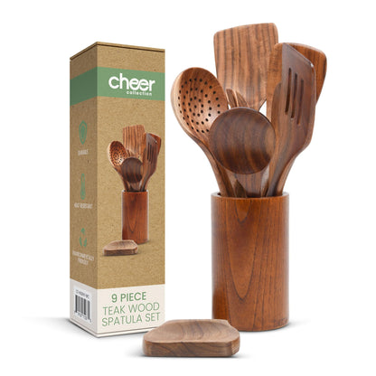 Cheer Collection Wooden Utensil Set - 9 Piece Cooking Utensils with Holder, Premium Taek Wood Spoons & Spatulas for Cooking, Heat Resistant, Non-Stick, and Safe Wooden Cooking Utensils