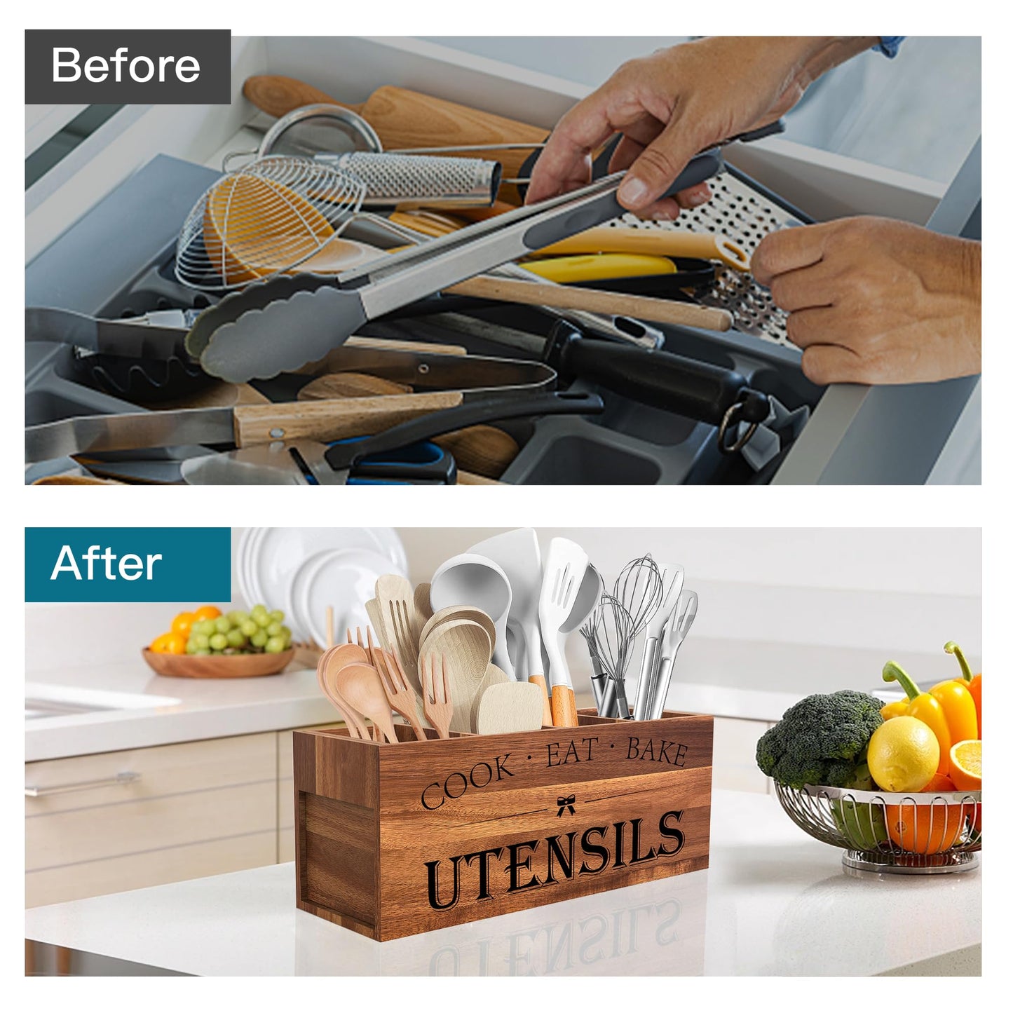 Suli Acacia Wood Utensil Holder for Kitchen Counter,Extra Large Utensils Holder with 4 Compartments,Caddy Organizer for Countertop, Farmhouse Kitchen Decor, Rustic Cooking Utensil