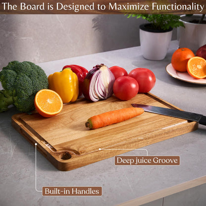 Timberro Acacia Wood Cutting Board - Solid Organic Wooden Meat Boards for Kitchen, Real Hardwood Chopping Butcher Block with Deep Juice Groove Well for Counter, Medium Countertop Blocks with Handle