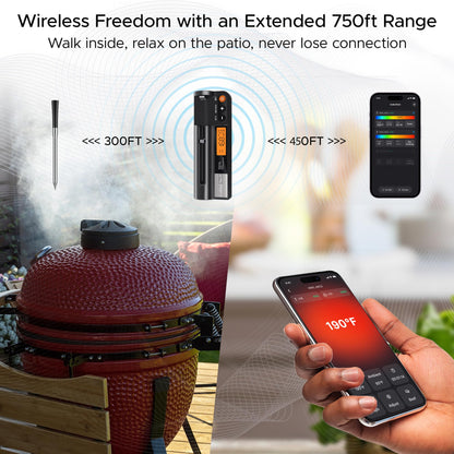 CulinaTech 700FT Wireless Meat Thermometer with LCD Screen, Digital Cooking Food Thermometer for Beef Lamb Turkey, Dual Sensor Measures Internal & Ambient Temp