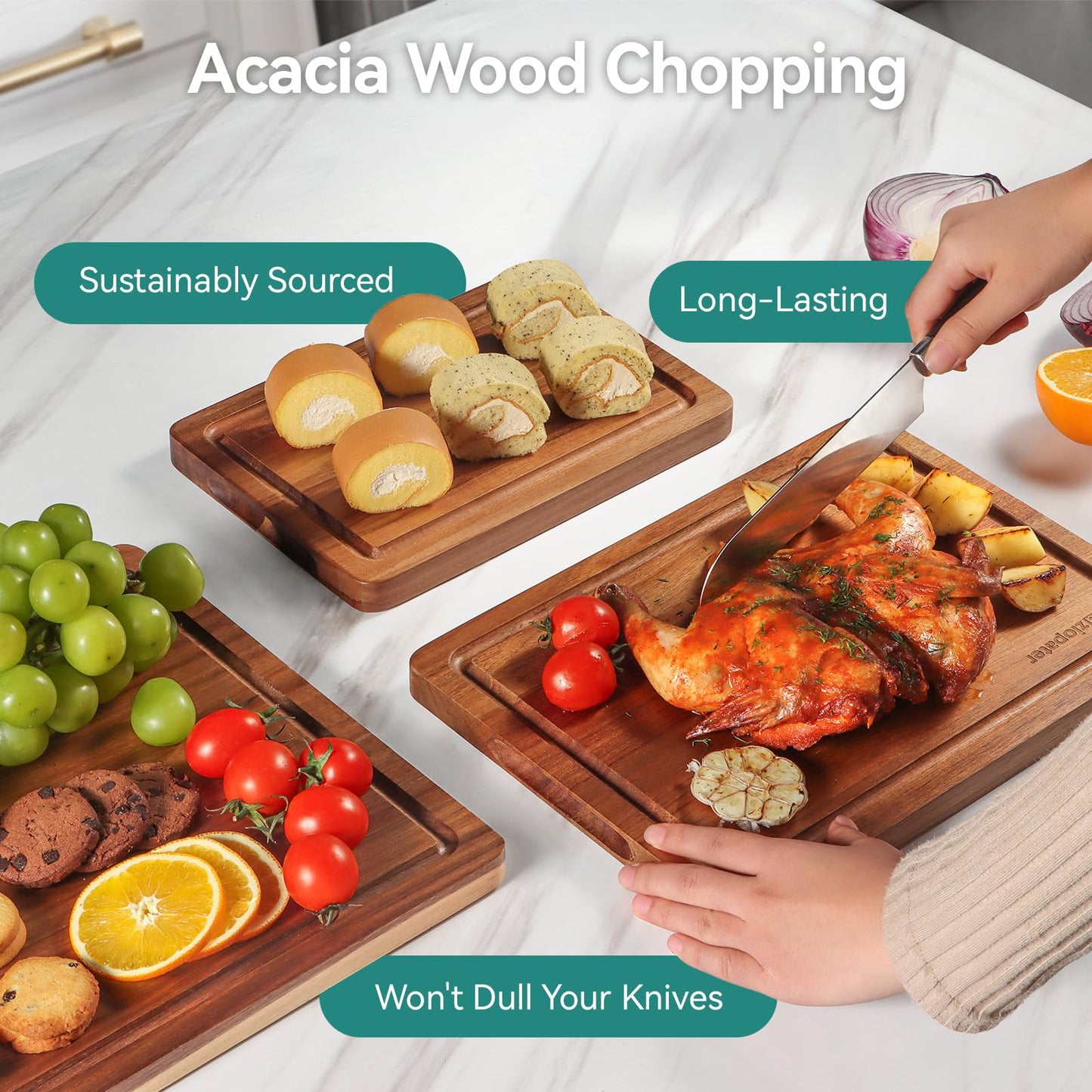 Acacia Wood Cutting Board，Solid Wood Cutting Board for Kitchen with Holder with Deep Juice Grooves & Built-in Handles, Durable Wooden Chopping Board Set of 3 for Meat, Vegetables and Fruits