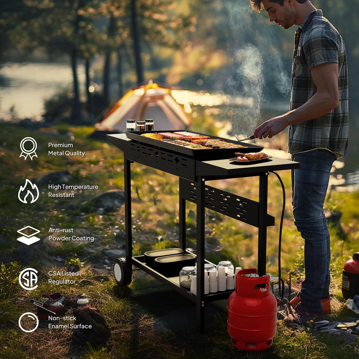 Bonnlo 4 Burner Portable Propane Griddle, 40,000BTU Gas Griddle Grill with Nonstick Enameled Tray, Rolling Flat Top Gas Grill w/Electronic Ignition, Side Shelve & Regulator, Ideal for Outdoor Cooking