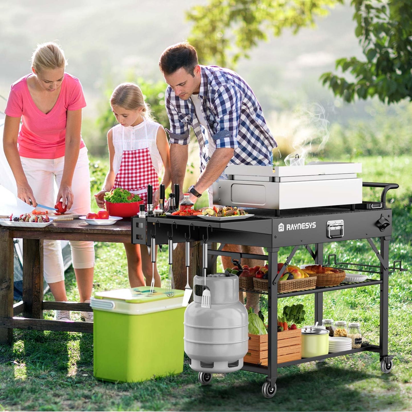 Raynesys Outdoor Grill Cart, 440lbs Outdoor Grill Table, 31x17 inch Blackstone Griddle Stand, Portable Folding Cart with Wheels, 2-Tier Storage Rack & Side Storage Box (Black)