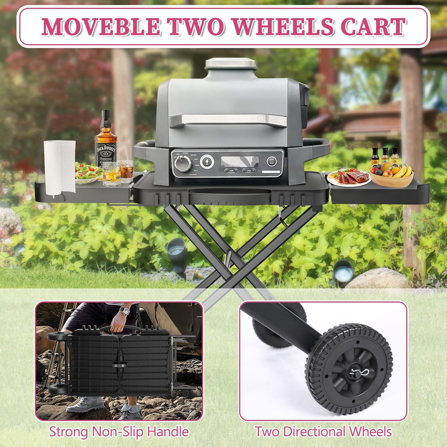 Portable Grill Cart for Ninja Woodfire OG700 OG800 OG900, Blackstone Griddle, for Weber Q100 Q200 Q300, Pizza Oven, Collapsible Grill Stand for Most Portable Grills, Large Surface Grill Trolley