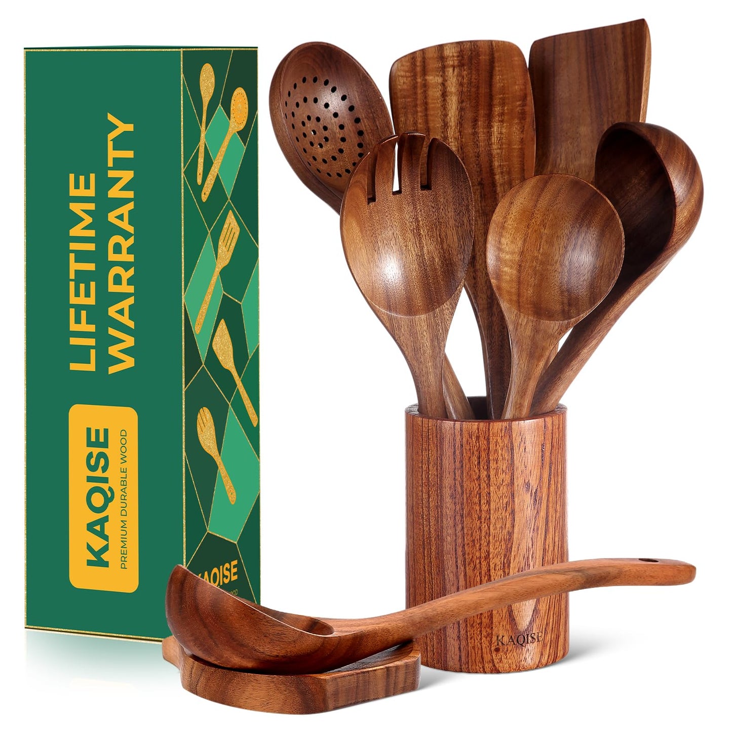 KAQISE Wooden Spoons for Cooking, Kitchen Utensils Set, Wood Spatulas Soup Ladle Serving Spoons Teak Wooden Utensil Set（8 Pieces ）