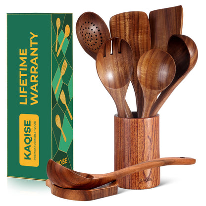 KAQISE Wooden Spoons for Cooking, Kitchen Utensils Set, Wood Spatulas Soup Ladle Serving Spoons Teak Wooden Utensil Set（8 Pieces ）