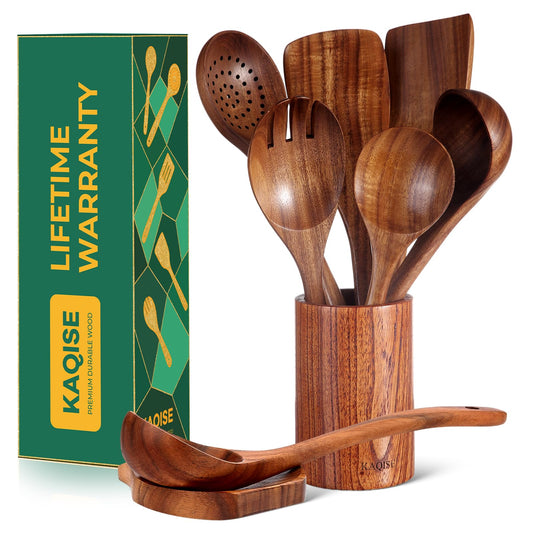 KAQISE Wooden Spoons for Cooking, Kitchen Utensils Set, Wood Spatulas Soup Ladle Serving Spoons Teak Wooden Utensil Set（8 Pieces ）