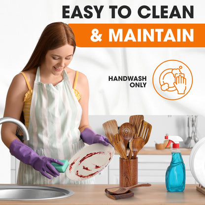 Cheer Collection Wooden Utensil Set - 9 Piece Cooking Utensils with Holder, Premium Taek Wood Spoons & Spatulas for Cooking, Heat Resistant, Non-Stick, and Safe Wooden Cooking Utensils