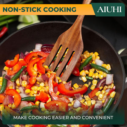 AIUHI Teak Wood Spatula for Cooking, Durable Flat Turner and Slotted Spatula for Nonstick Cookware, Long Handle Natural Wooden Cooking Utensils 2 Pieces