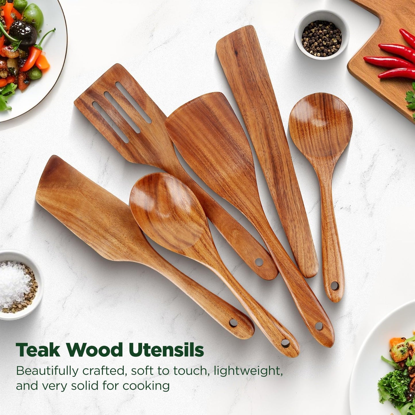 ANBUY Wooden Spoons for Cooking, 6Pcs Wood Kitchen Utensils Set, Mixing Heat Resistant Flat Spatulas and Spoons Set for Nonstick Cookware, Smooth Finish, Non-Stick, Comfortable Grip Kitchen Utensils