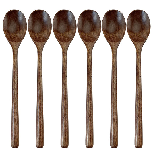 Wooden Spoons for Eating, ADLORYEA 9 inch Small Wooden Soup Spoon Mixing Stirring Tasting, 6-Piece Dark Brown Wood Spoons for Soup and Korean Food, Eco friendly Wooden Eating Utensils