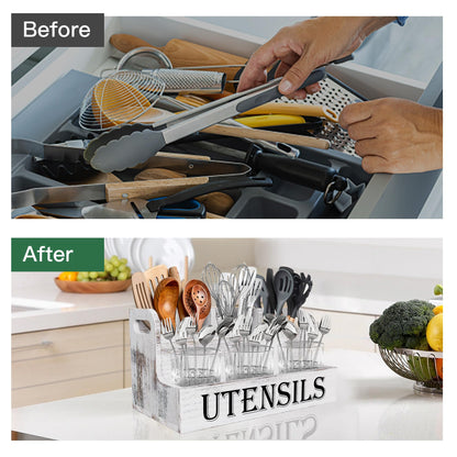 Suli Extra Large Kitchen Utensils Holder with 4 Compartments, White Wooden Utensil Organizer for Kitchen Countertop, Farmhouse Utensil Storage, Rustic Cooking Utensils - White Grain