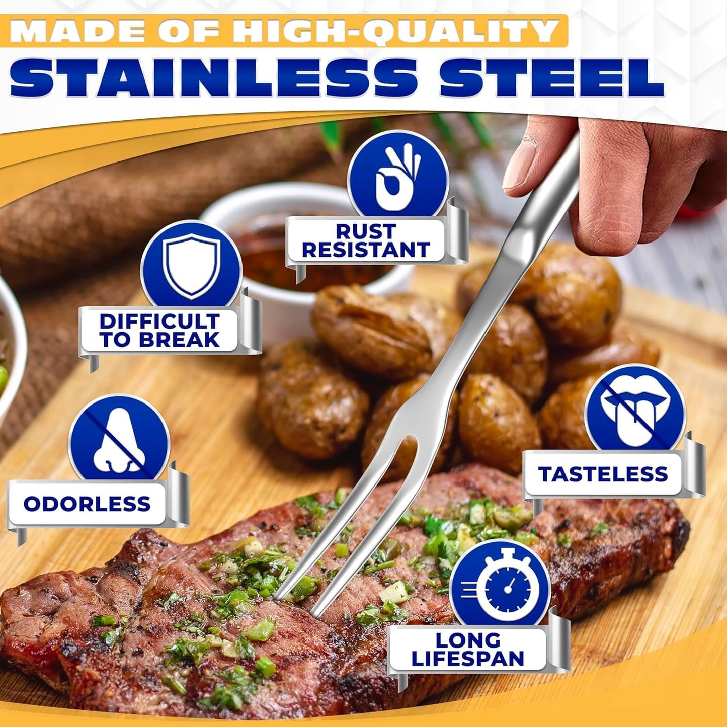 Two Pronged Carving Fork for Meat - 11" Stainless Steel Meat Fork, Rust Resistant, Difficult to Break, Comfortable Handle, Easy to Clean, Lightweight, for Convenient Slicing, Cooking & Serving