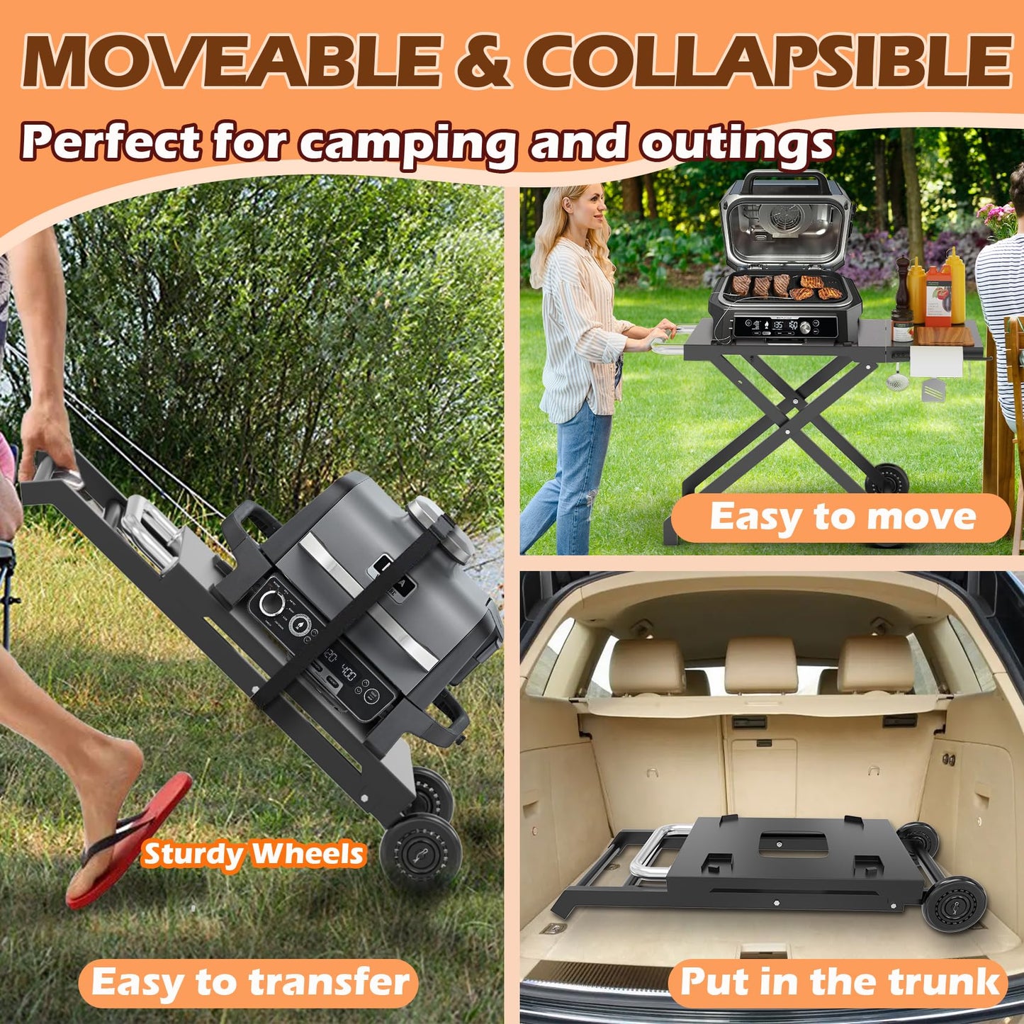 MOASKER Woodfire Outdoor Grill Stand for Ninja Woodfire OG700 Series, Collapsible Outdoor Grill Stand for Ninja OG701 OG751 Woodfire Accessories Portable Grill Cart with Wheels for Outside Camping