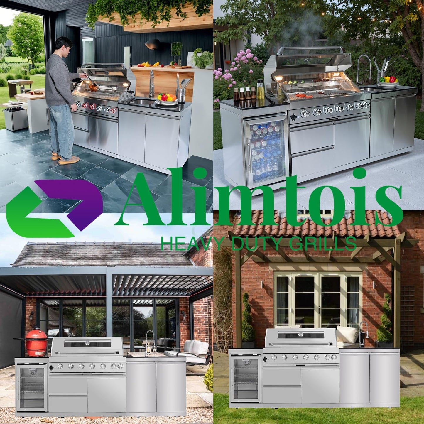 Alimtois BBQ Island Outdoor Kitchen: 96-Inch 6-Burner 85000 BTU Modular Outdoor Grill Islands with Grill + Wine Cooler Refrigerator + Rotisserie + / Steel Sink/Storage Cabinets & Drawers