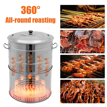 BAIODNB Large Portable Charcoal Grills, Stainless Charcoal BBQ Grill Barrel 360° Smokeless Outdoor with 50 Skewers, Boiling Pot Barbecue Smoker Grill for Travel, Outdoor Cooking and BBQ