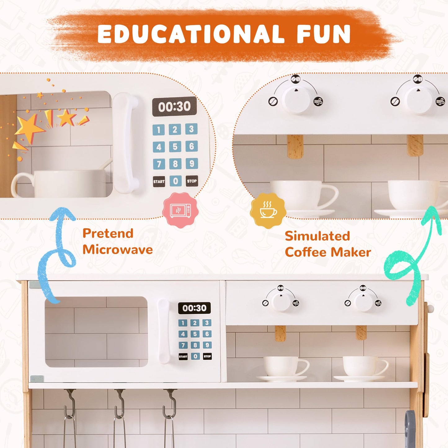 PHGLL Play Kitchen for Kids Wooden Kitchen Toy Playset w/Light and Clicking Knobs, Chef Pretend Play Set w/Microwave, Oven, Coffee Machine, Ice Maker, Telephone, Toy Kitchen Set for Toddlers (White)