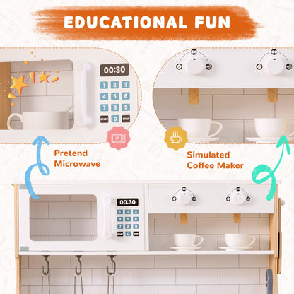 PHGLL Play Kitchen for Kids Wooden Kitchen Toy Playset w/Light and Clicking Knobs, Chef Pretend Play Set w/Microwave, Oven, Coffee Machine, Ice Maker, Telephone, Toy Kitchen Set for Toddlers (White)