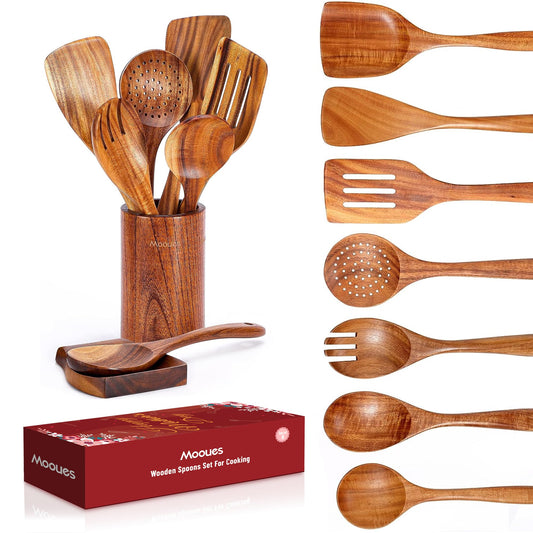 9 Piece Wooden Spoons for Cooking, Teak Wooden Kitchen Utensils Set with Spoon Rest, NonStick Comfort Grip Wooden Spatula Set and Cooking Utensils Holder