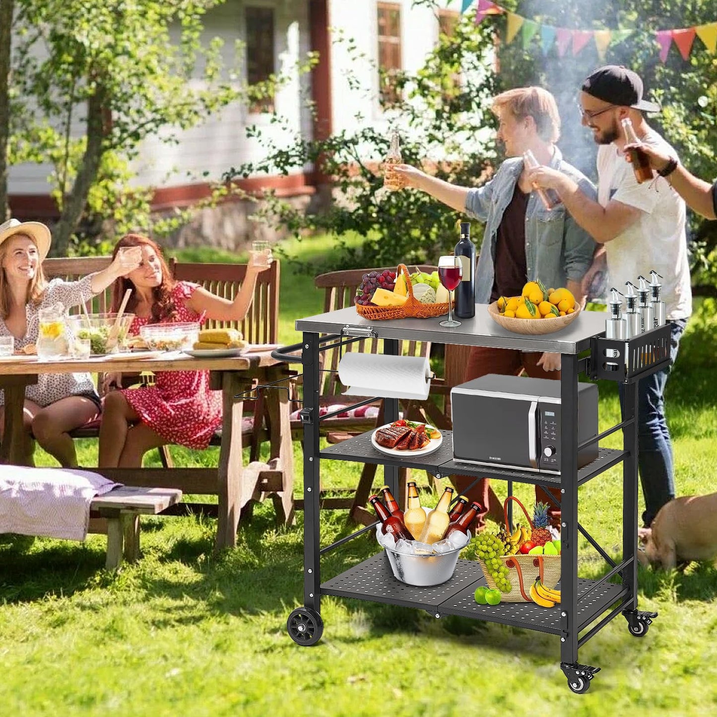 Annualing Portable Outdoor Grill Table,Folding BBQ Cart,Stainless Steel Grill Stand with Two Locking Casters,29×17in,for 17/22in Blackstone Griddle,Ninja Woodfire Stand,Pizza Oven table