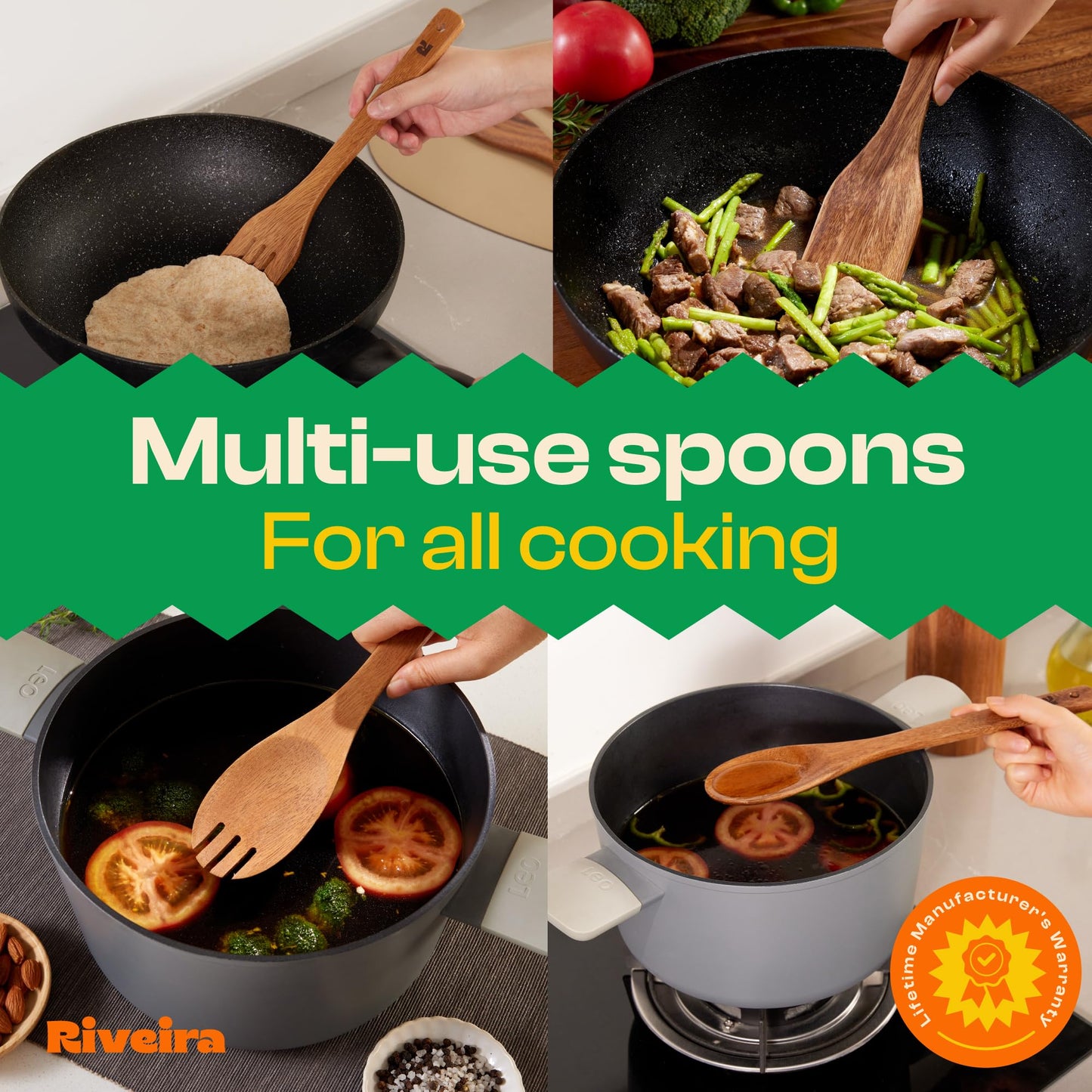 Riveira Walnut Wooden Spoons for Cooking Set of 6 – Natural Walnut Wooden Cooking Utensils, Spatula, Spoon - Premium Quality Utensil Set for Non-Toxic Cooking