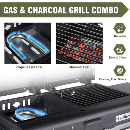 Bestfire Dual Fuel Propane Gas Charcoal Grill Combo Black Dual Lids, Flat Top Grill With 2 Side Shelves for BBQ, Outdoor and Backyard Cooking