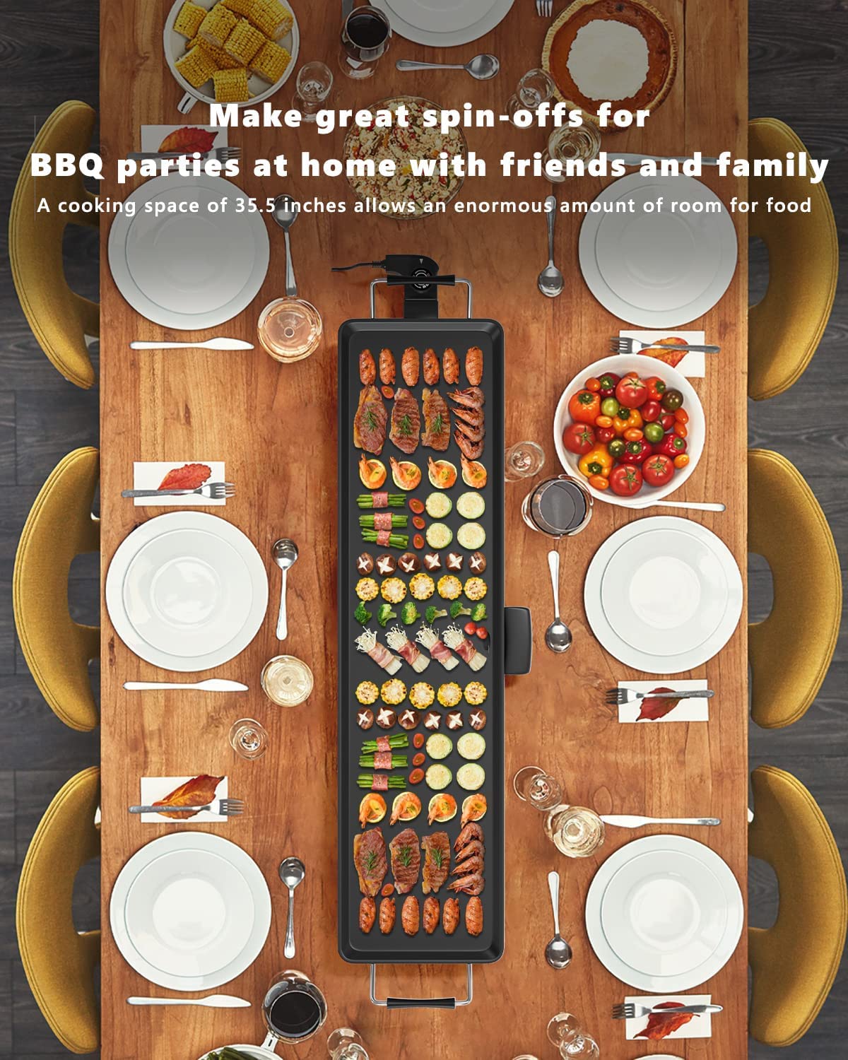 LDAILY Large Electric Teppanyaki Table Top Grill Griddle, 35'' Indoor Outdoor Nonstick BBQ Griddle w/5 Adjustable Temperature, Portable 2000W Barbecue Plate for Party/Home/Camping Cooking