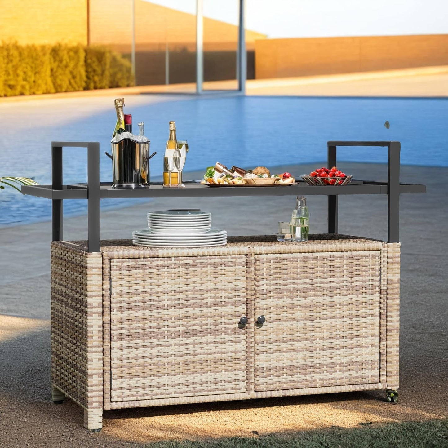 DWVO XL Outdoor Storage Cabinet,Patio Storage Table with Glass Top, Bar Table with Wheels,Outdoor Bar Cart for Patio, Poolside and Backyard,Light Brown
