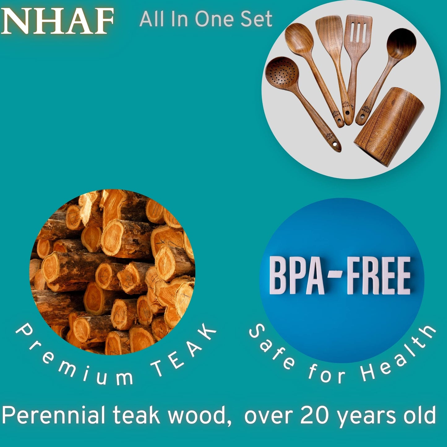 NHAF Premium Teak Healthy Spoons, Durable Eco-friendly Spatula, Wooden Utensils Set with Holder & Canvas Bag, Wooden Cooking Gifts for Mom