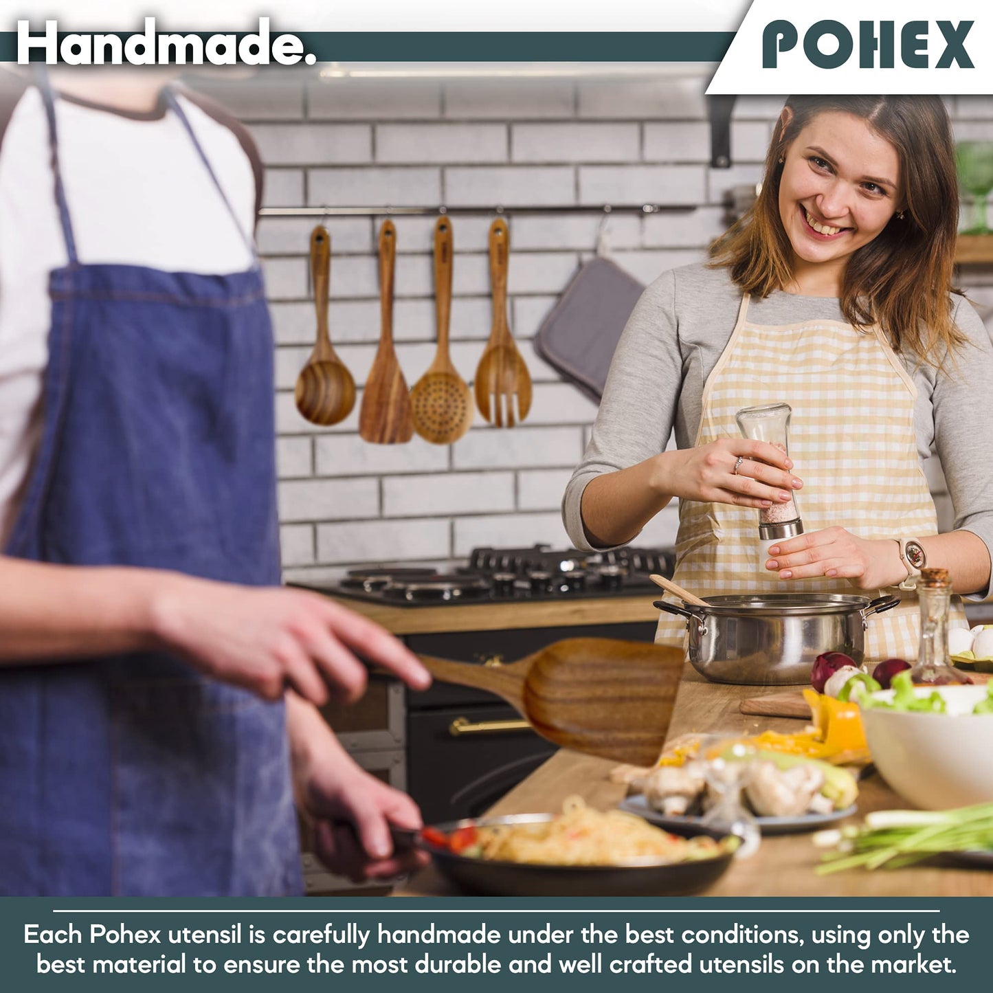 Pohex Teak Wood 12 Piece Kitchen Utensil Set with Wooden Holder/Barrel, 6 Gadgets Wooden Spatula, Spurtle, Slotted Spoon, Salad Spoon and Fork, Small Mixing Spoon and 6 Hooks Handmade Cookware No BPA