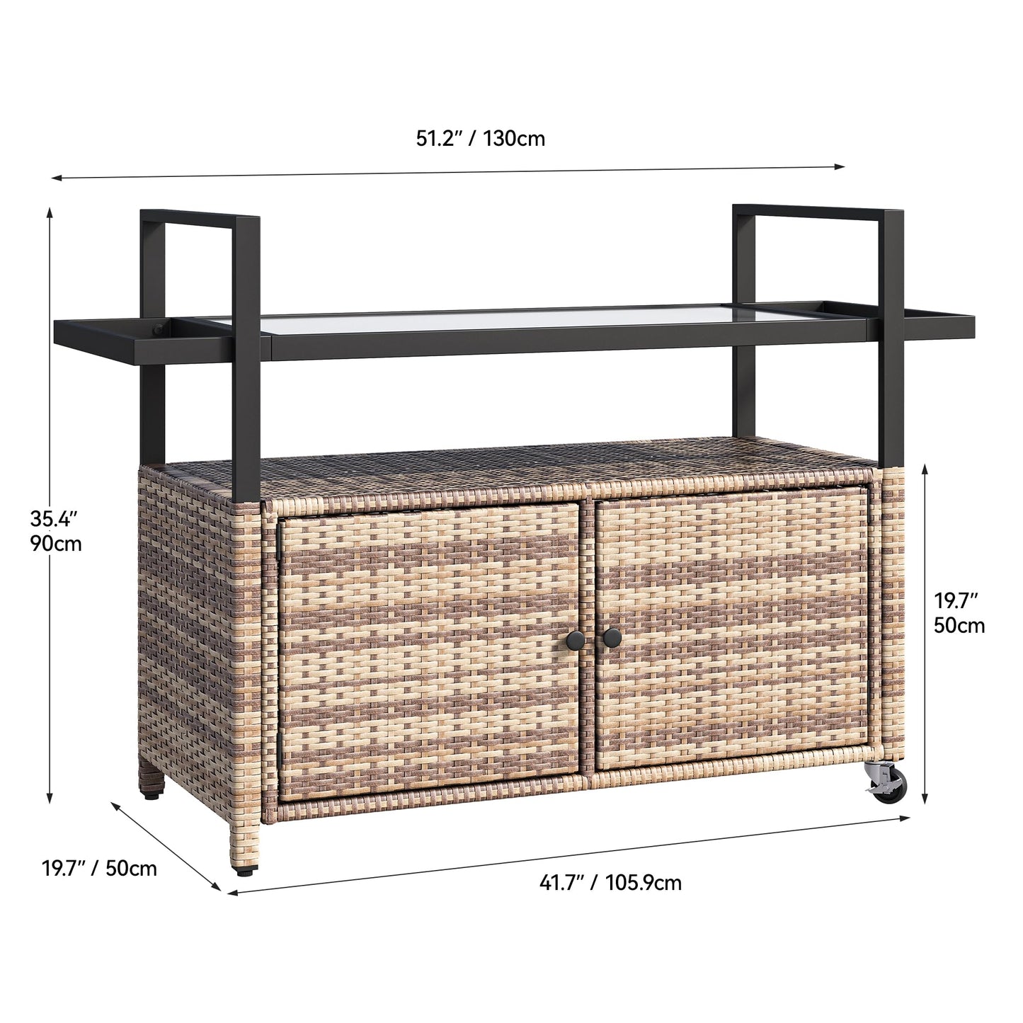 YITAHOME Large Outdoor Kitchen Wicker Island Rolling Cart & Patio Bar Table, w/Wheels and Black Glass Table Top Backyard and Poolside Light Brown
