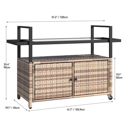 YITAHOME Large Outdoor Kitchen Wicker Island Rolling Cart & Patio Bar Table, w/Wheels and Black Glass Table Top Backyard and Poolside Light Brown