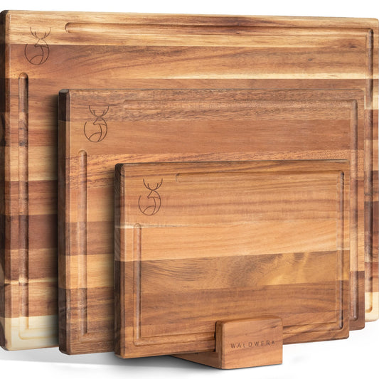 WALDWERK Cutting Board Set (15.75 x 12/13 x 9.5/10 x 7 in) out of Solid Acacia Wood - 0,8 in Thick Cutting Boards for Kitchen - Wood Cutting Boards - Wooden Chopping Boards for Kitchen