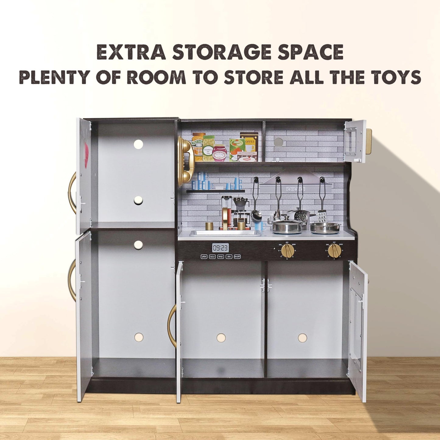 TOUCH US Wooden Play Kitchen Toy Set with Light, Kids Children Pretend Toy Kitchen Playset with Sink Play Toy,Oven Microwave,Toddler Cooking Set Toy for Ages 3+ Baby Girls Boys