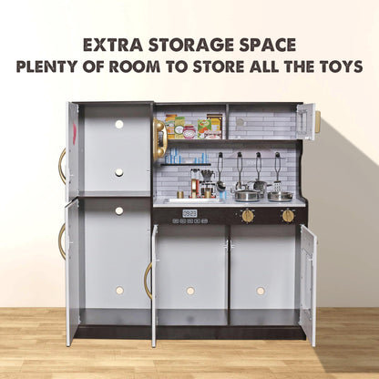 TOUCH US Wooden Play Kitchen Toy Set with Light, Kids Children Pretend Toy Kitchen Playset with Sink Play Toy,Oven Microwave,Toddler Cooking Set Toy for Ages 3+ Baby Girls Boys