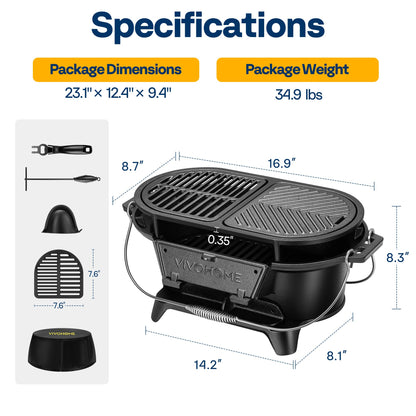 VIVOHOME Oval Cast Iron Grill with Interchangeable Grates & Griddle, 2 Furnace Doors for Heat Control, Includes Gloves, Poker and UV-Resistant Cover