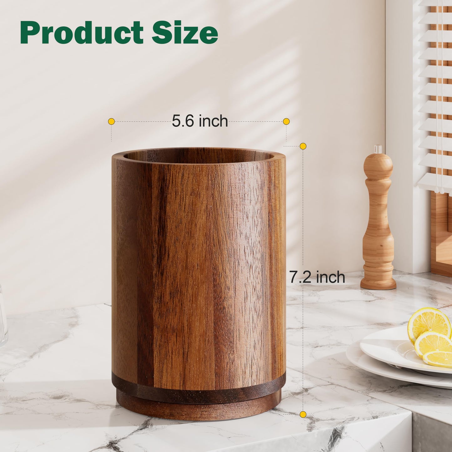 Segtenant Utensil Holder, Acacia Wood Kitchen Utensil Holder for Countertop, 360°Rotating Cooking Utensil Crock for Kitchen Counter, 7.2" Large Utensil Organizer for Spatula