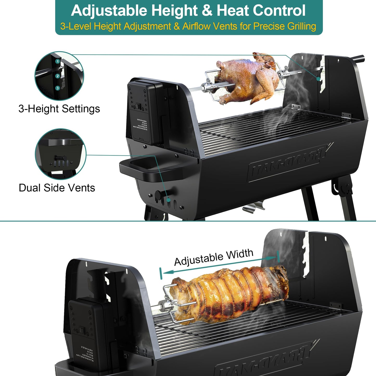 Brand-Man 2-in-1 Charcoal BBQ Grill & Motorized Rotisserie, Outdoor Portable Grill with Spit Roaster for Camping & Tailgating, Foldable, Adjustable Height, Dual Vents