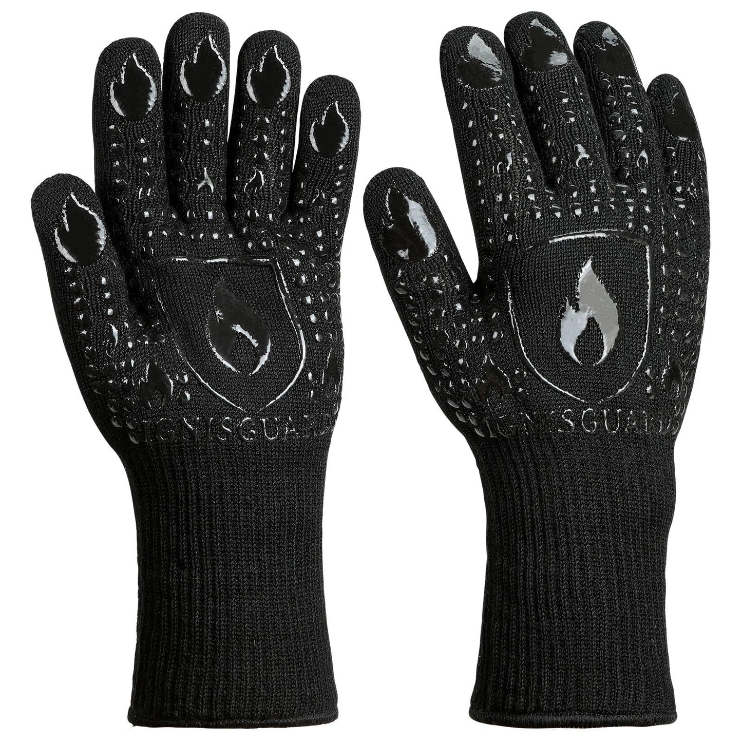 IGNISGUARD BBQ & Grill Gloves, 1472°F Silicone Oven Mitts Heat Resistant Gloves for Cooking, Oven Gloves with Fingers Fireproof Non-Slip Kitchen Gloves for Baking Grilling, 1-Pair Black
