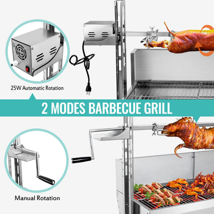 176LBS Stainless Steel Rotisserie Grill Roaster Small Pig Lamb with Back Cover Guard 25W Motor for Camping Outdoor BBQ Silver